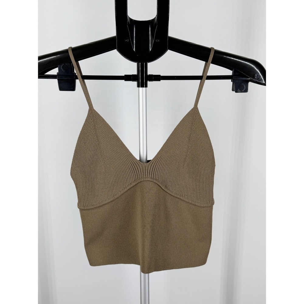 Nectar Clothing Olive Brown Ribbed Knit V-Neck Cropped Cami Top Small